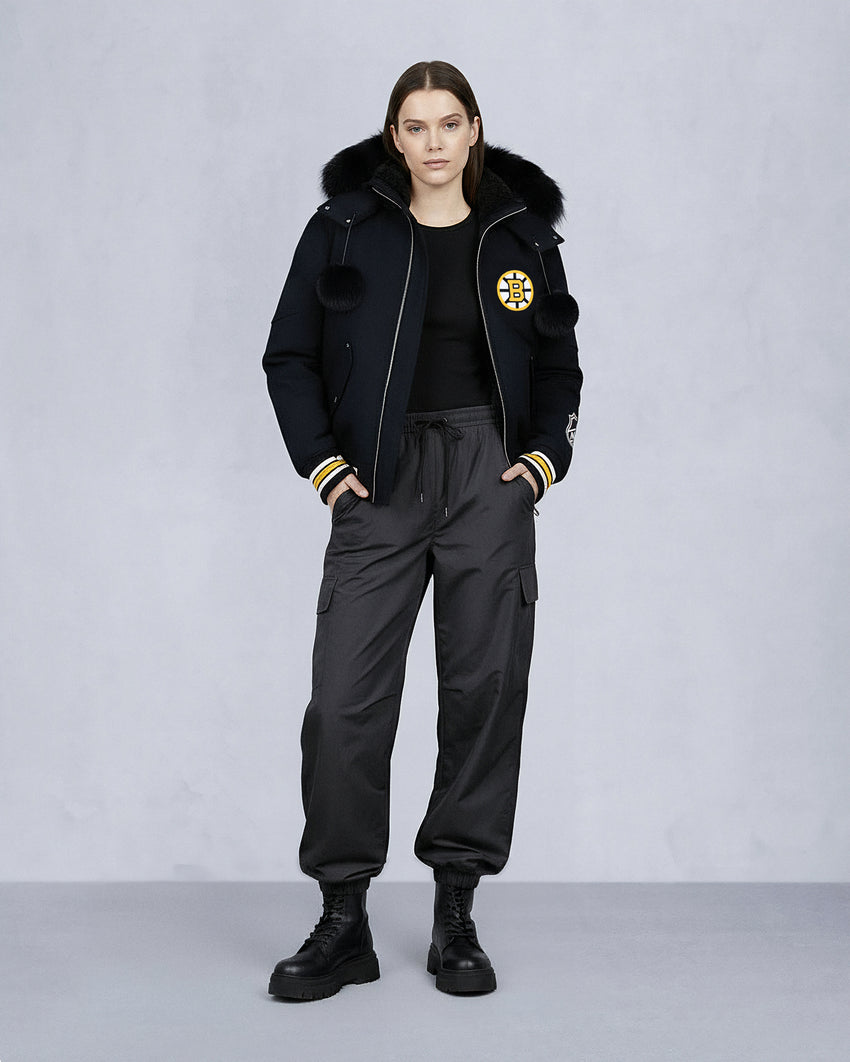NHL X MOOSE KNUCKLES BRUINS BOMBER JACKET-BLACK/BONE/BONE