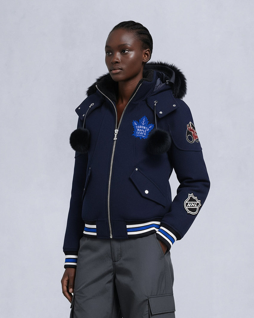 NHL X MOOSE KNUCKLES MAPLE LEAFS BOMBER JACKET-NAVY/BLUE/BONE/BLACK