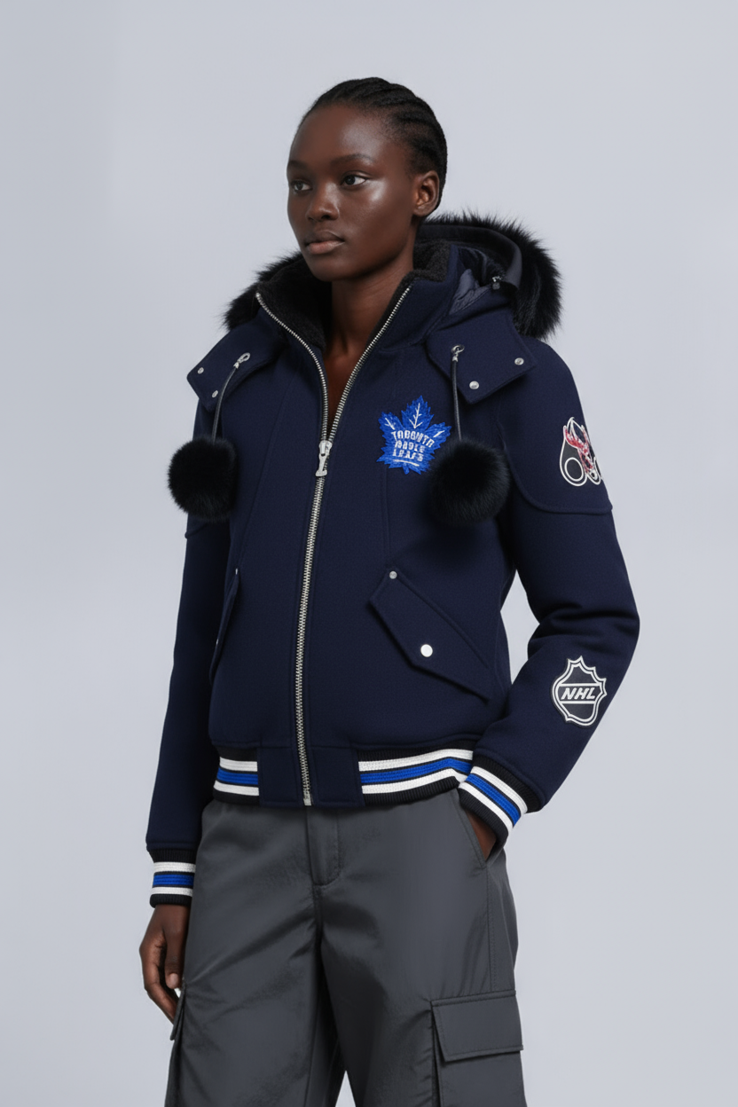 NHL X MOOSE KNUCKLES MAPLE LEAFS BOMBER JACKET-NAVY/BLUE/BONE/BLACK