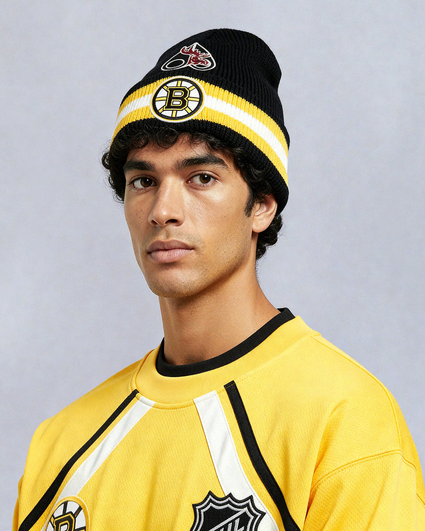 NHL X MOOSE KNUCKLES BRUINS BEANIE-BLACK/YELLOW/BONE