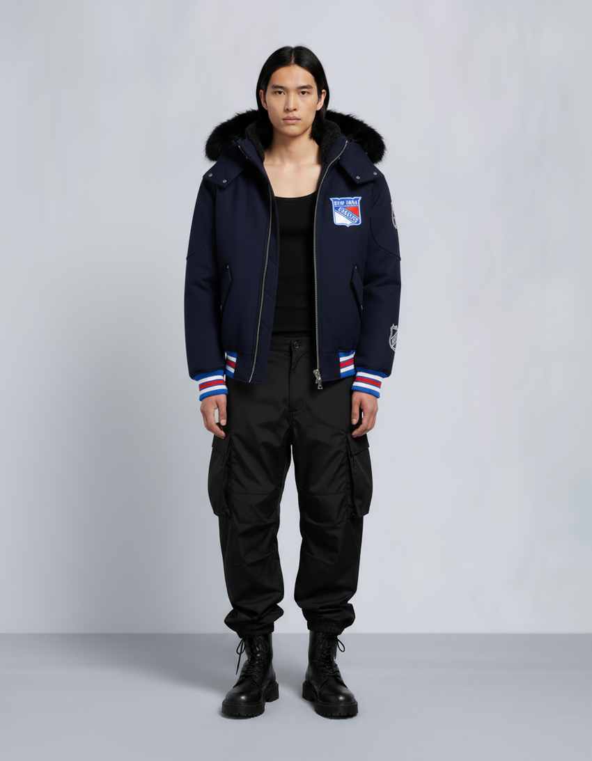 NHL X MOOSE KNUCKLES RANGERS BOMBER JACKET-NAVY/RED/BONE/BLACK