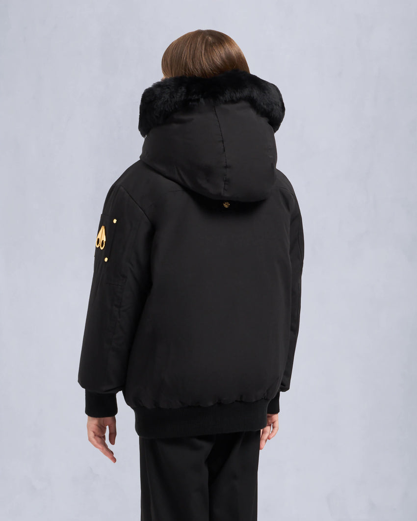 KIDS  UNISEX ORIGINAL GOLD SERIES SHEARLING TRIM BOMBER JACKET-BLACK/BLACK