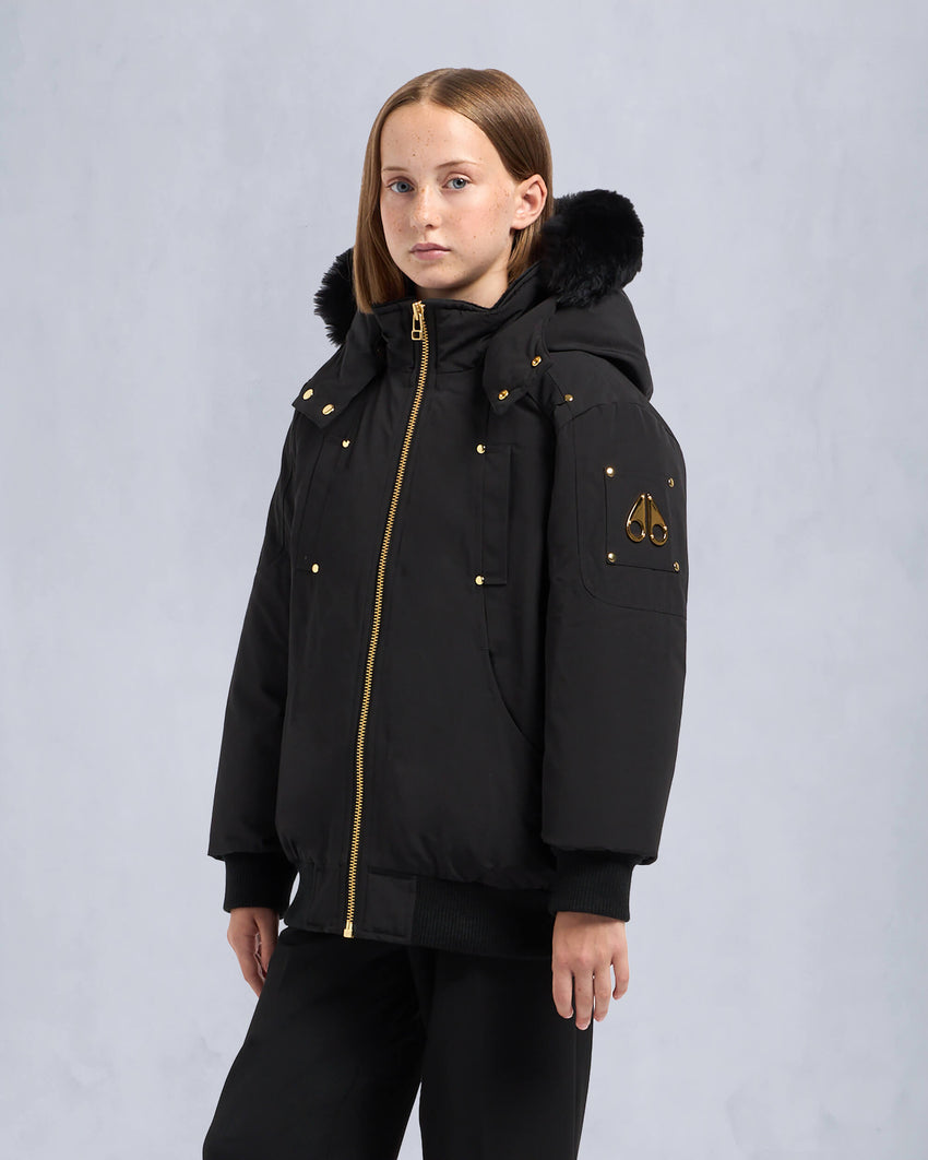 KIDS  UNISEX ORIGINAL GOLD SERIES SHEARLING TRIM BOMBER JACKET-BLACK/BLACK