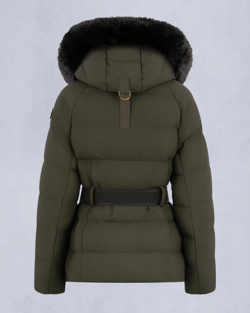 GOLD SERIES NYLUXE CAMBRIA SHEARLING TRIM JACKET-DARK OLIVE/BLACK