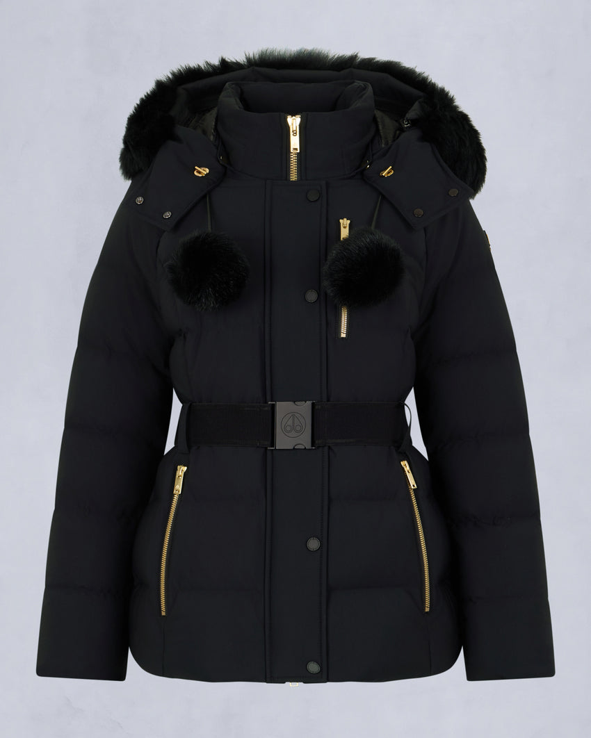 GOLD SERIES NYLUXE CAMBRIA SHEARLING TRIM JACKET-DARK OLIVE/BLACK