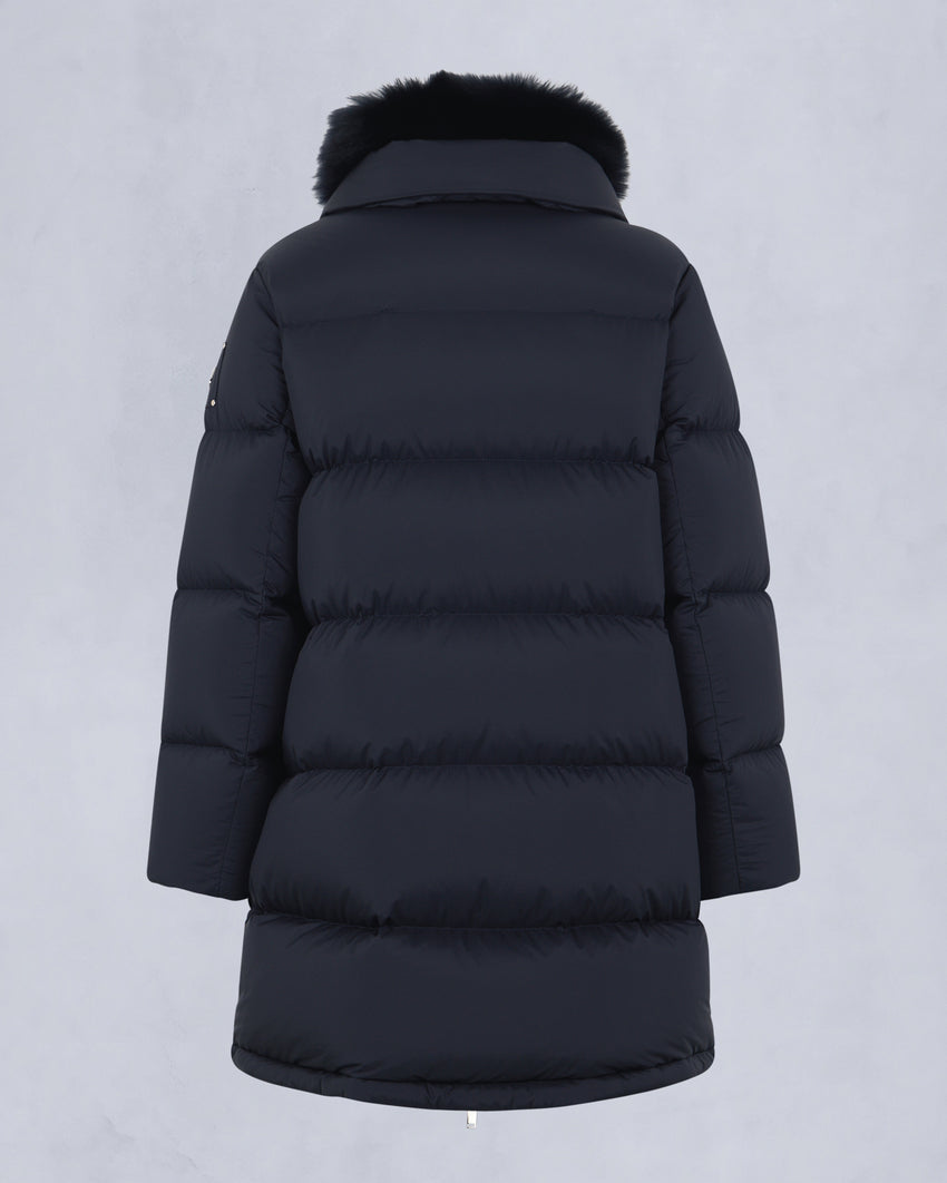 BELLE DUNE LONG SHEARLING TRIM PUFFER-NAVY