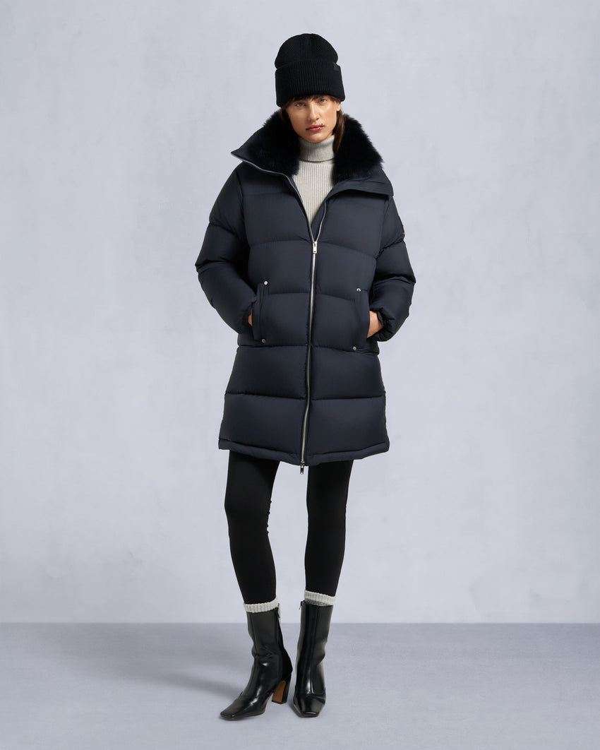 BELLE DUNE LONG SHEARLING TRIM PUFFER-NAVY