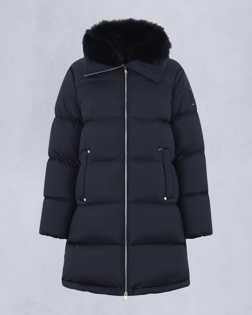 BELLE DUNE LONG SHEARLING TRIM PUFFER-NAVY