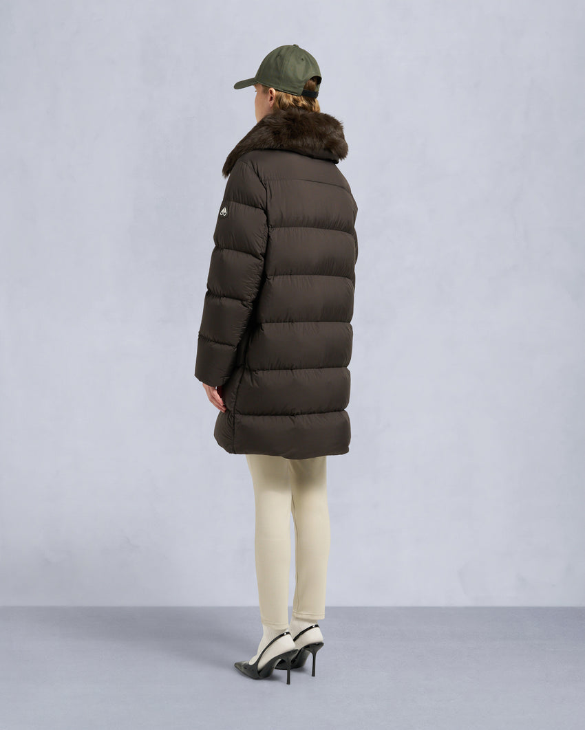 BELLE DUNE LONG SHEARLING TRIM PUFFER-NAVY