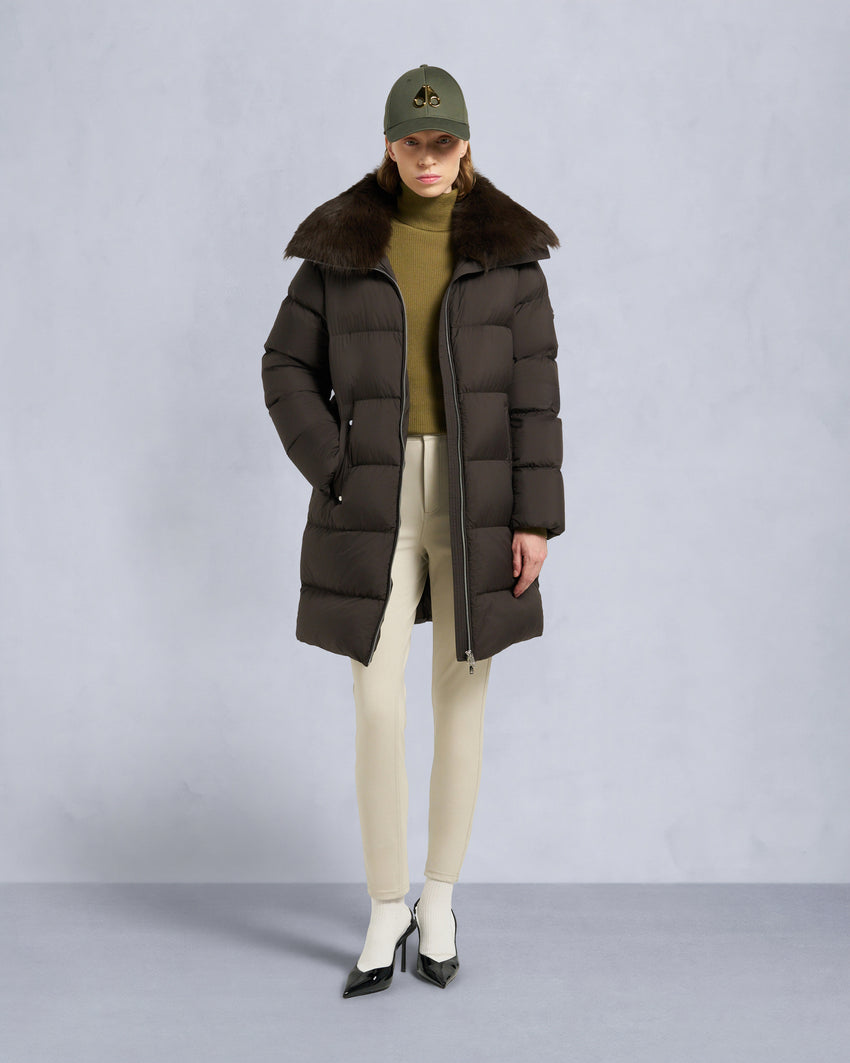 BELLE DUNE LONG SHEARLING TRIM PUFFER-NAVY