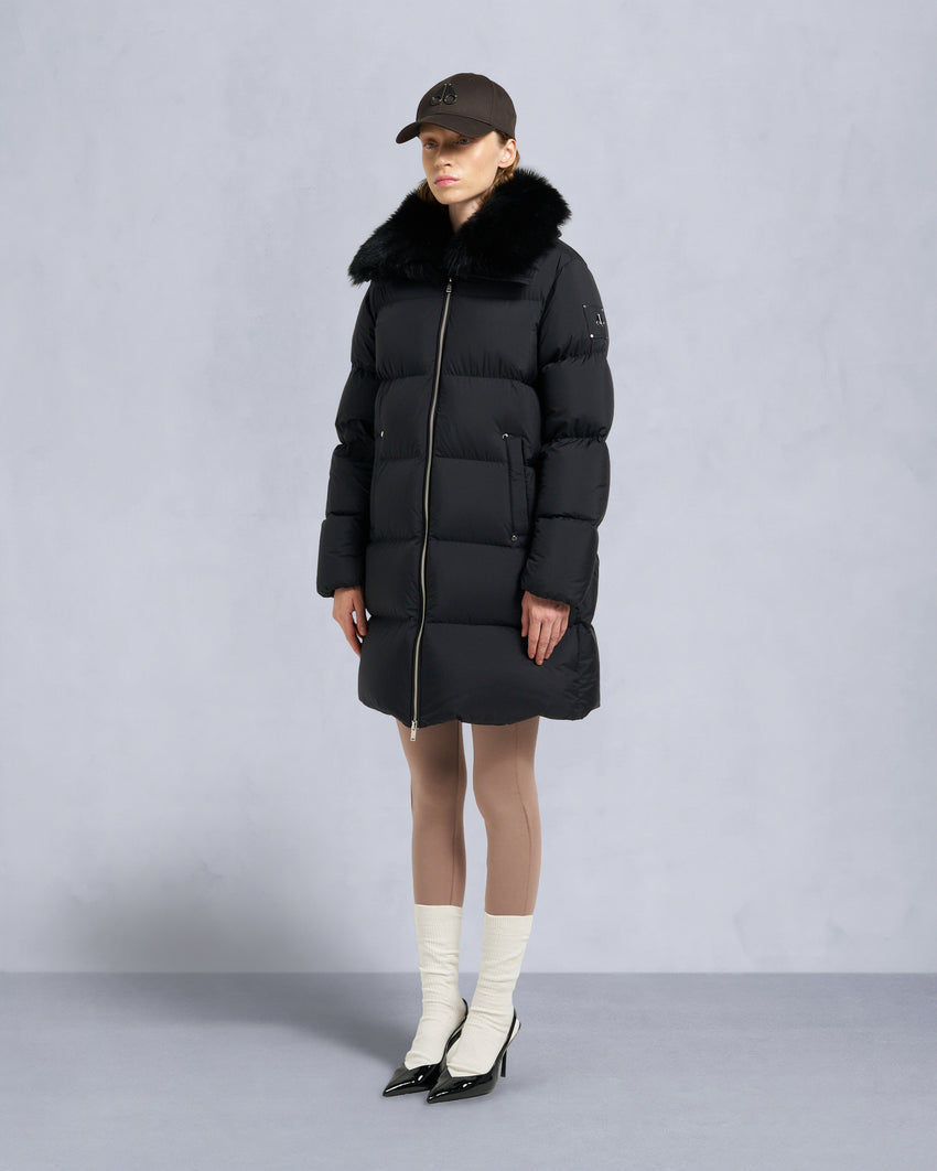 BELLE DUNE LONG SHEARLING TRIM PUFFER-NAVY