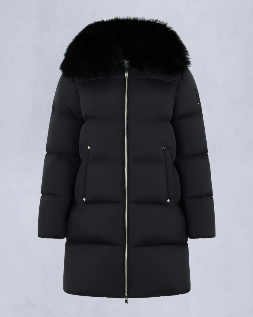 BELLE DUNE LONG SHEARLING TRIM PUFFER-NAVY