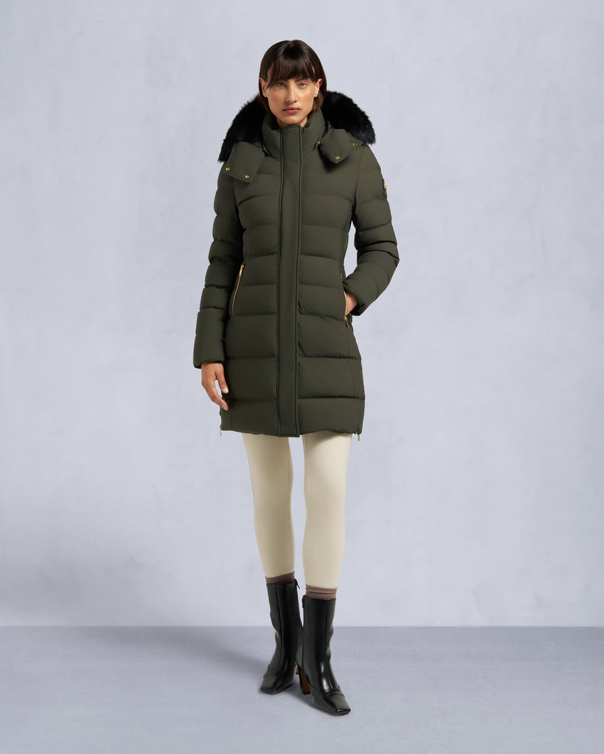 GOLD SERIES NYLUXE WATERSHED SHEARLING TRIM PARKA-DARK OLIVE/BLACK