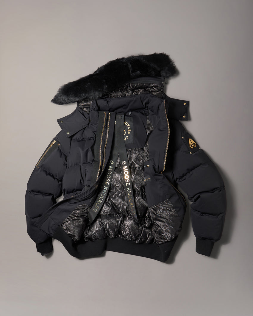 GOLD SERIES NYLUXE STAGG SHEARLING TRIM BOMBER-BLACK/BLACK